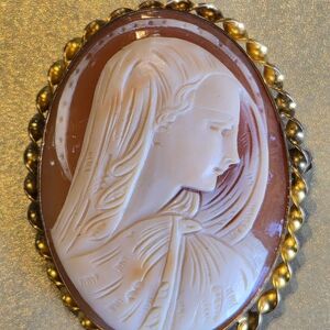 Vintage "Madonna" Shell Carved Cameo Gold-Tone Bezel. Brooch & Pendant